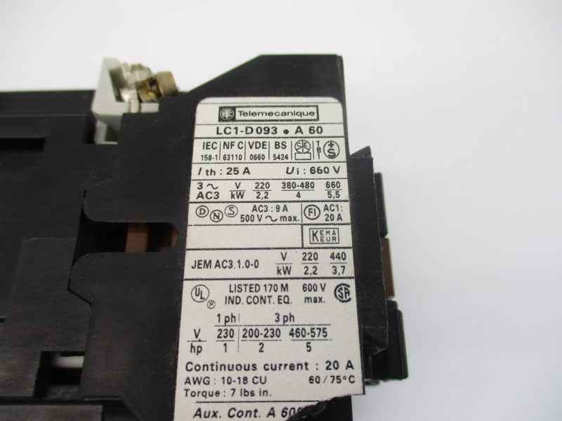 TELEMECANIQUE LC1-D093-A60 200/208/220V 25A (AS PICTURED) NSNP