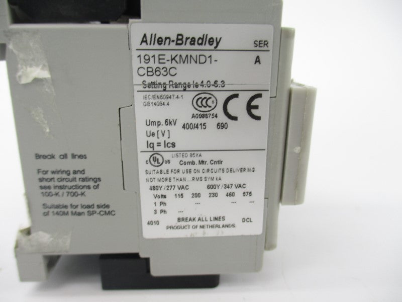 ALLEN BRADLEY 191E-KMND1-CB63C SER. A 277/347VAC 4.0-6.3A NSNP