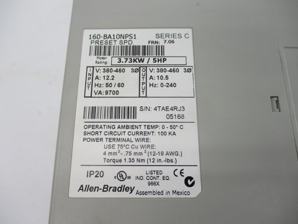 ALLEN BRADLEY 160-BA10NPS1 SER. C F/W 7.06 380-460V 12.2A NSNP