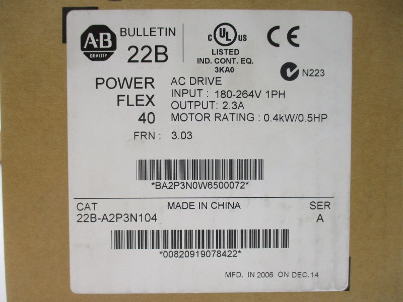 ALLEN BRADLEY 22B-A2P3N104 SER. A B F/W 3.03 180-264V 6.0A NSMP