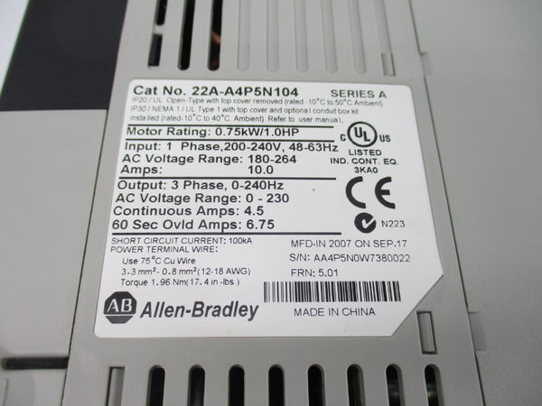ALLEN BRADLEY 22A-A4P5N104 SER. A F/W 5.01 180-264VAC 10A NSNP