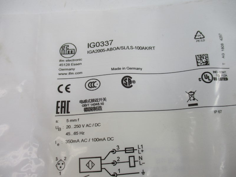 IFM EFECTOR IG0337 IGA2005-ABOA/SL/LS-100AK/RT 20-250VAC/DC NSMP