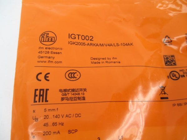 IFM EFECTOR IGT002 IGK2005-ARKA/M/V4A/LS-104AK 20-140VAC/DC NSMP