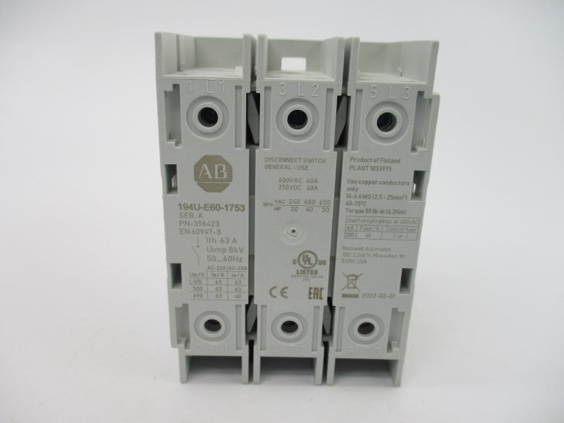 ALLEN BRADLEY 194U-E60-1753 SER. A 600VAC 60A (WH) NSMP