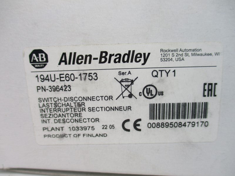 ALLEN BRADLEY 194U-E60-1753 SER. A 600VAC 60A (WH) NSMP