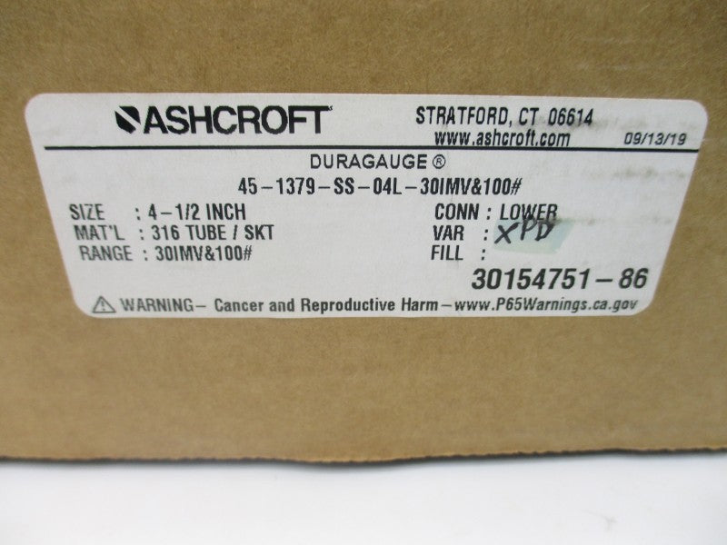 ASHCROFT 45-1379-SS-04L-30IMV&100# 30-100PSI 4-1/2" NSMP