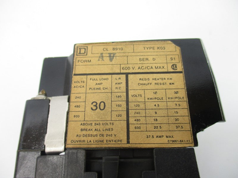 SQUARE D 8910KO3V02 SER. D 120V 30A UNMP
