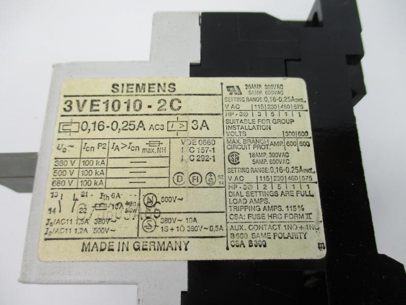 SIEMENS 3VE1010-2C 600VAC 0.16-0.25A NSNP