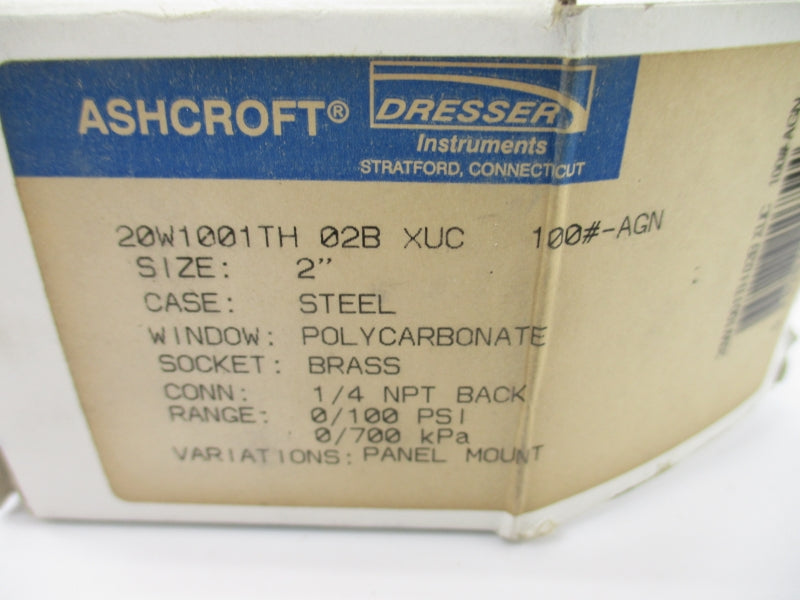ASHCROFT 20W1001TH02BXUC100# 0-100PSI 1/4" NSMP