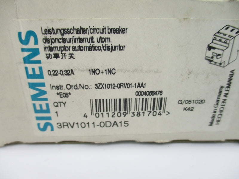 SIEMENS 3RV1011-0DA15 600V 0.22-0.32A NSMP