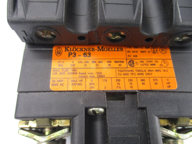 KLOCKNER MOELLER P3-63 600VAC 60A (AS PICTURED3) NSNP