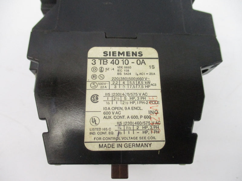 SIEMENS 3TB4010-0A 600VAC 10A NSNP