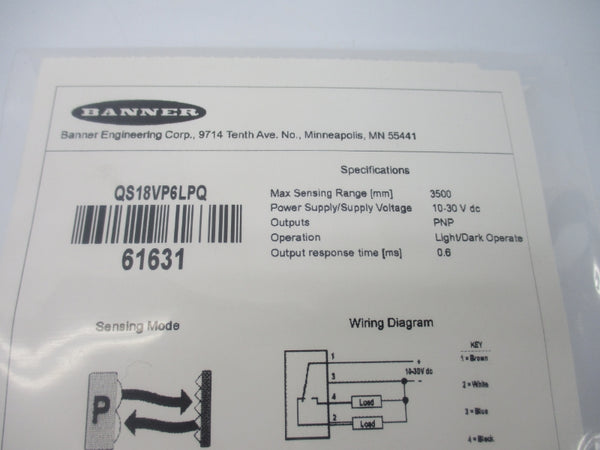 BANNER ENGINEERING QS18VP6LPQ 61631 10-30VDC NSMP
