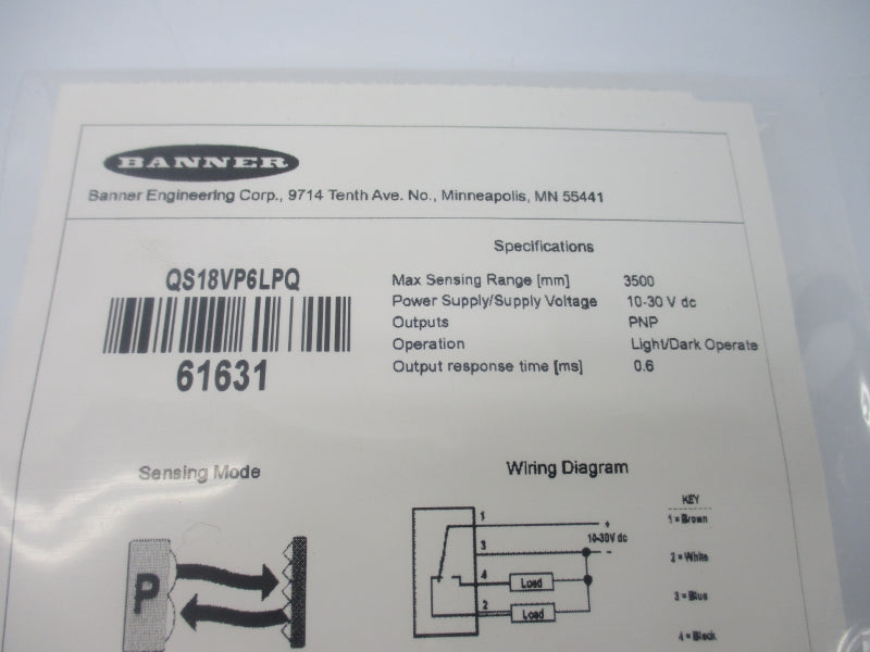 BANNER ENGINEERING QS18VP6LPQ 61631 10-30VDC NSMP