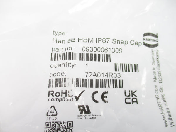 HARTING 09300061306 HAN6BHBMIP67SNAPCAP NSMP
