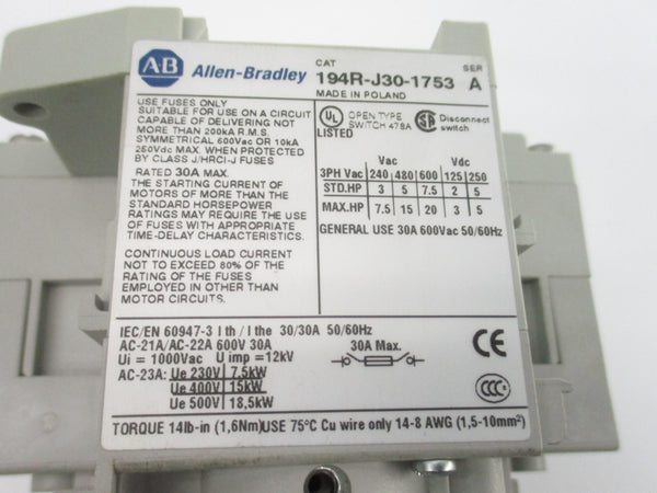 ALLEN BRADLEY 194R-J30-1753 SER. A 600VAC 30A (AS PICTURED) NSNP