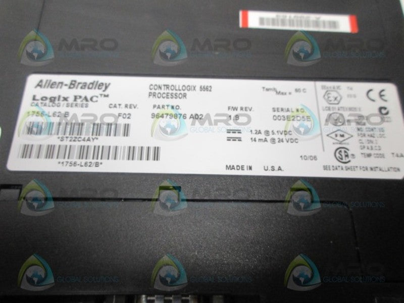 INDUSTRIAL SPARE PART CONTROLLOGIX 1756-L62 SER. B F/W 1.9 PROCESSOR UNIT NSNP