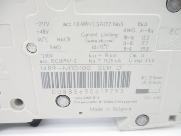 ALLEN BRADLEY 1489-M1D100 SER. D 277V 10A NSNP