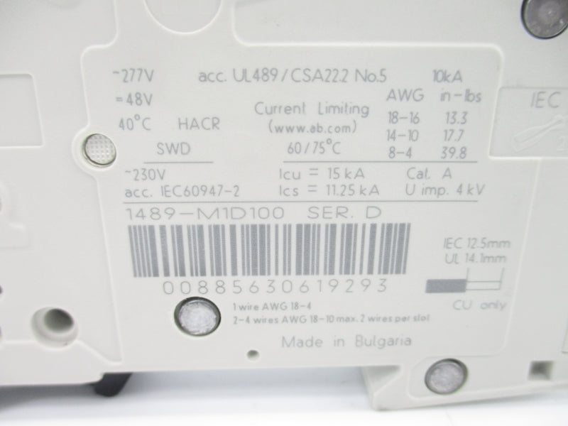 ALLEN BRADLEY 1489-M1D100 SER. D 277V 10A NSNP
