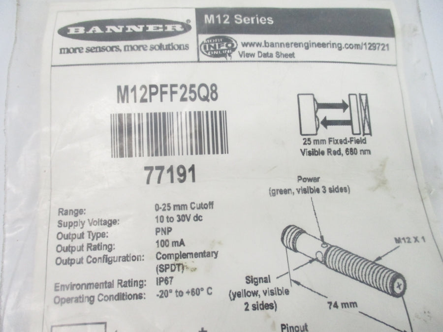 BANNER ENGINEERING M12PFF25Q8 77191 10-30VDC NSMP