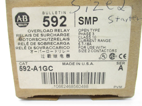 ALLEN BRADLEY 592-A1GC SER. A 600V 5.7-18A (BR/WH) NSMP