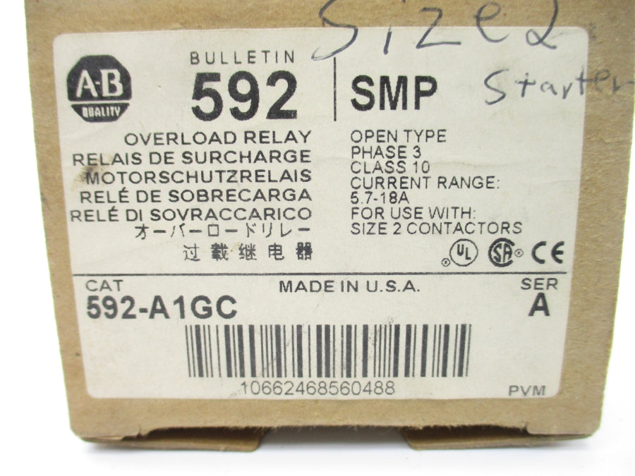 ALLEN BRADLEY 592-A1GC SER. A 600V 5.7-18A (BR/WH) NSMP