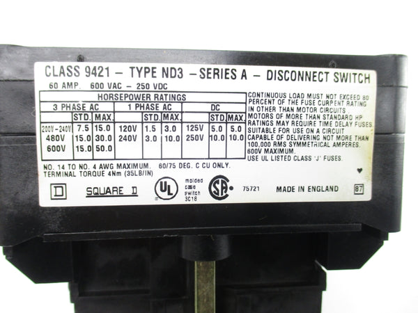 SQUARE D 9421ND3 SER. A 600VAC 60A NSNP
