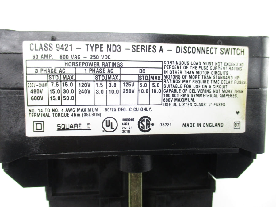 SQUARE D 9421ND3 SER. A 600VAC 60A NSNP