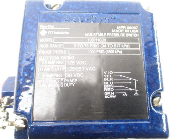 ITT INDUSTRIES 100P11CC3 125/250VAC 11A 5-75PSI NSNP