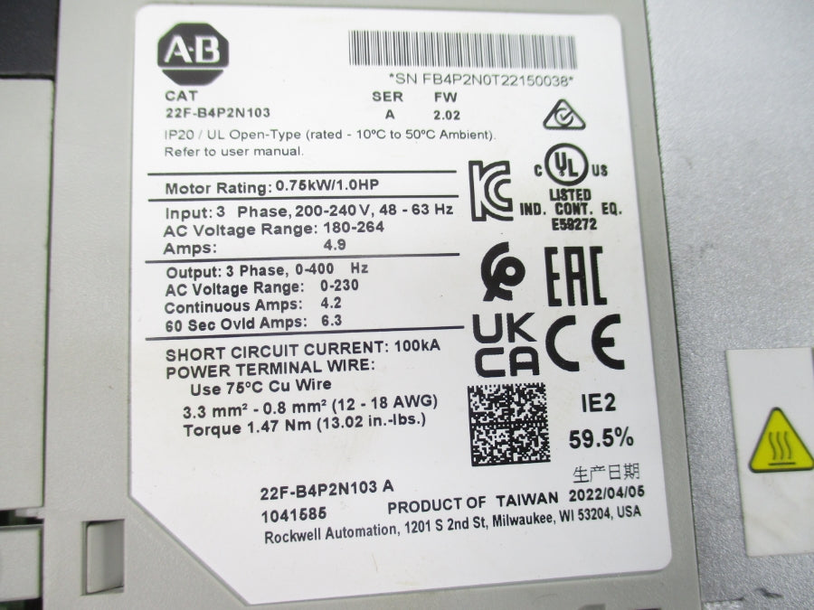 ALLEN BRADLEY 22F-B4P2N103 SER. A F/W 2.02 180-264VAC 4.9A NSNP