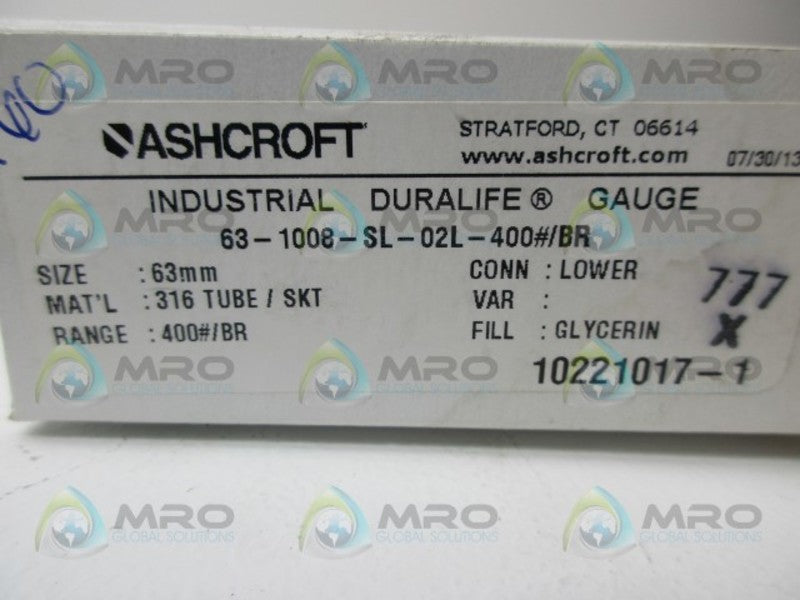 ASHCROFT 63-1008-SL-02L-400 DURALIFE GLYCERIN GAUGE NSMP