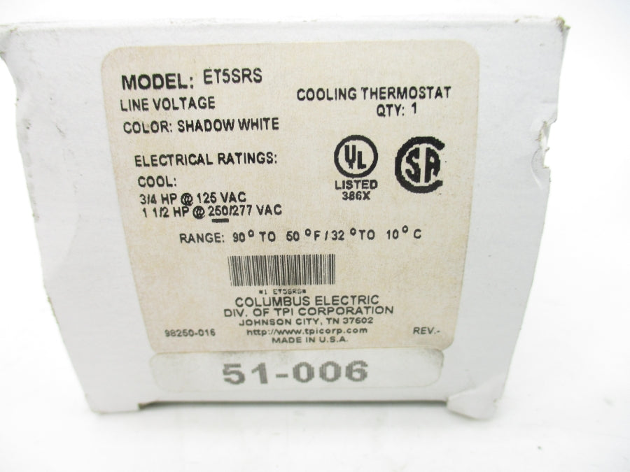 COLUMBUS ELECTRIC ET5SRS 250/277VAC 90-50'F/32-10'C NSMP