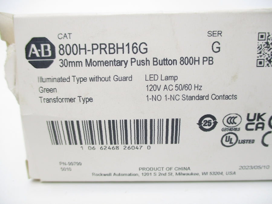 ALLEN BRADLEY 800H-PRBH16G SER. G 120VAC (WH) NSMP