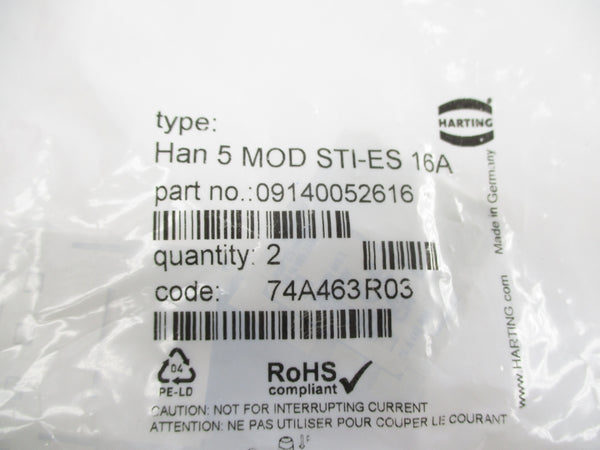 HARTING 09140052616 HAN5MODSTI-ES16A (PKG OF 2) NSMP