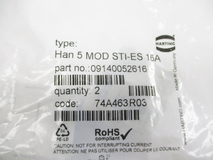 HARTING 09140052616 HAN5MODSTI-ES16A (PKG OF 2) NSMP