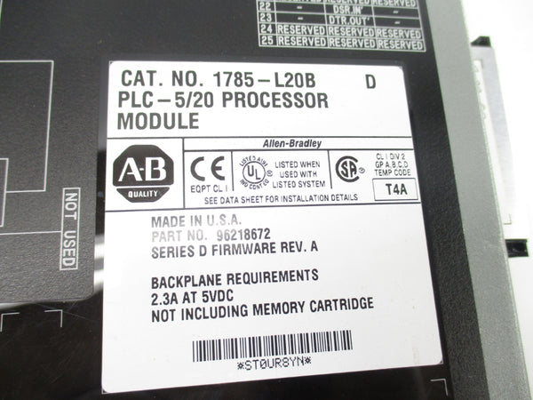 ALLEN BRADLEY 1785-L20B SER. D F/W A 5VDC 2.3A (NO KEY) UNMP