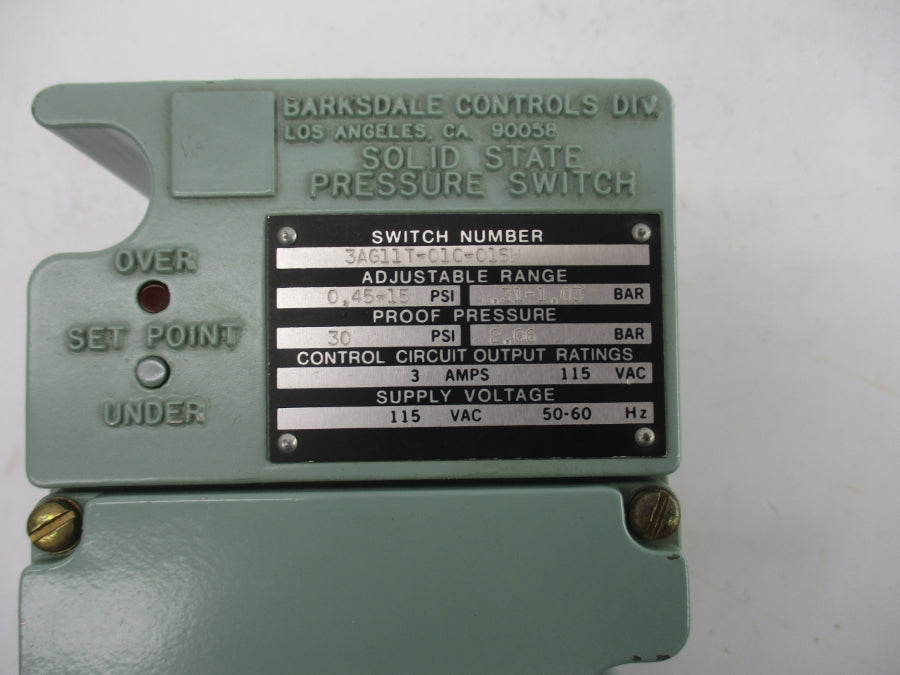 BARKSDALE CONTROLS 3AG11T-01C-01SW 115VAC 3A 0.45-15PSI NSNP
