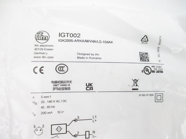 IFM EFECTOR IGT002 IGK2005-ARKA/M/V4A/LS-104K 20-140VAC/DC NSMP