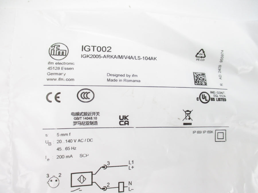 IFM EFECTOR IGT002 IGK2005-ARKA/M/V4A/LS-104K 20-140VAC/DC NSMP