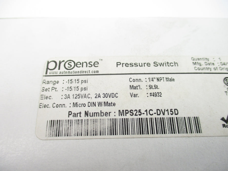 PROSENSE MPS25-1C-DV15D 125VAC 3A 15PSI NSMP