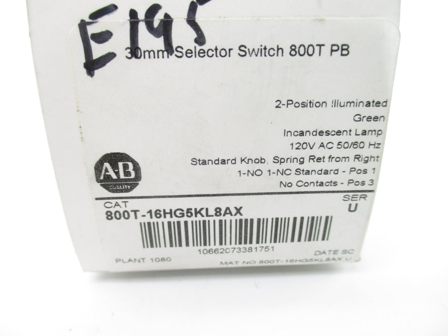ALLEN BRADLEY 800T-16HG5KL8AX SER. U 120VAC (WH) NSMP