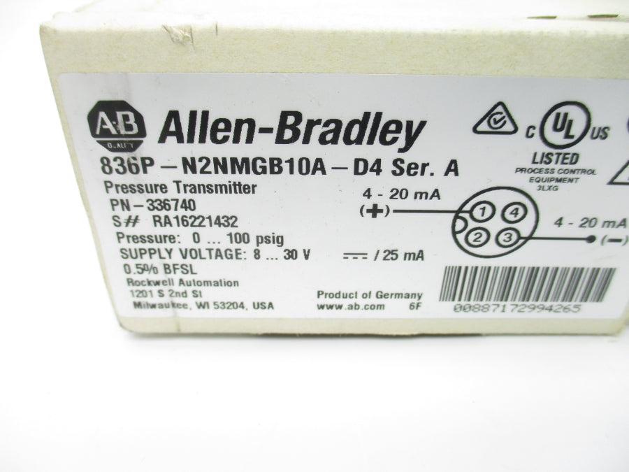 ALLEN BRADLEY 836P-N2NMGB10A-D4 SER. A 8-30VDC 100PSI (WH) NSMP