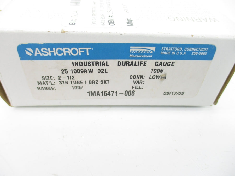 ASHCROFT 251009AW02L100# 100PSI 2-1/2" NSMP