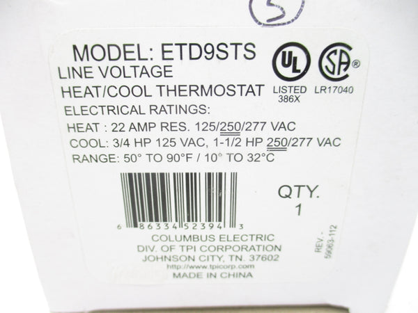 COLUMBUS ELECTRIC ETD9STS 277VAC 22A 50-90'F/10-32'C NSMP