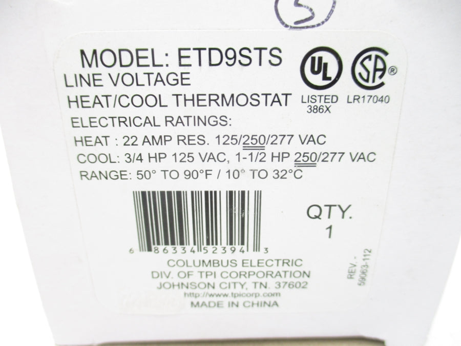 COLUMBUS ELECTRIC ETD9STS 277VAC 22A 50-90'F/10-32'C NSMP