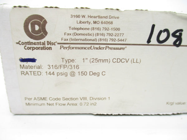 CONTINENTAL DISC 8397495A CDCV(LL) 144PSI 1" NSMP