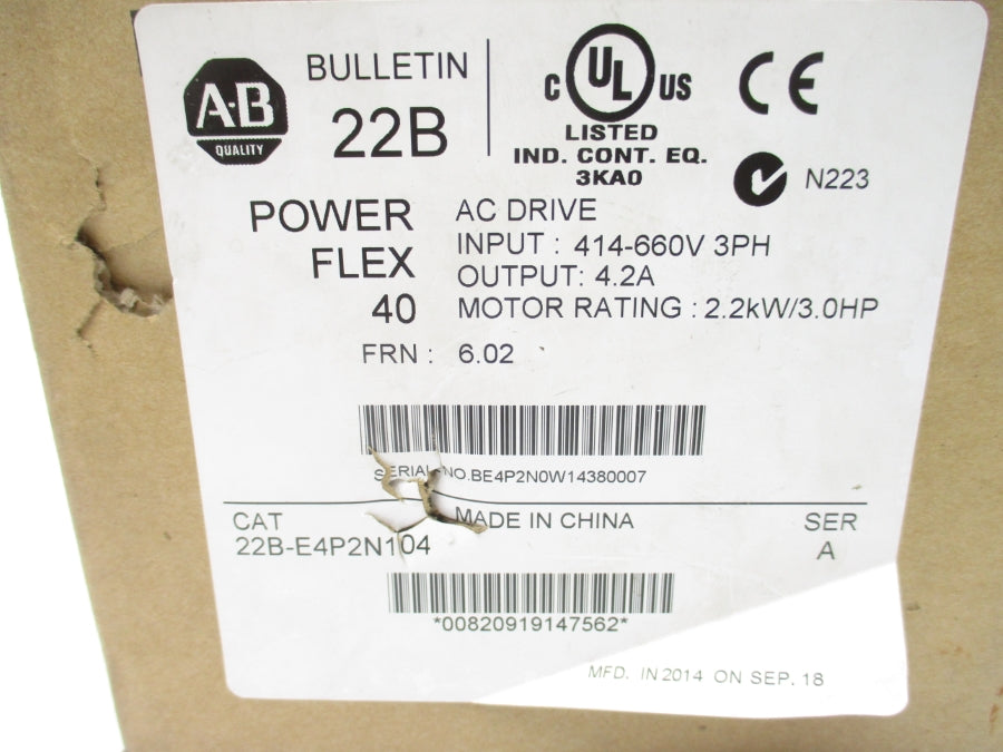 ALLEN BRADLEY 22B-E4P2N104 SER. A F/W 6.02 414-660V 5.3A NSMP