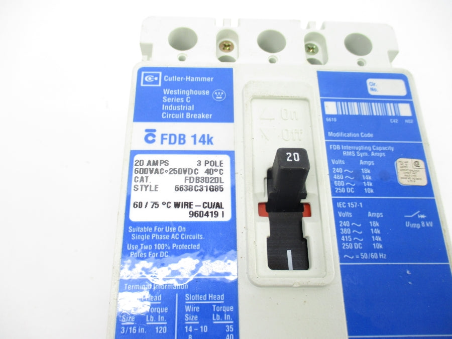 CUTLER HAMMER FDB3020L 600VAC 20A NSNP