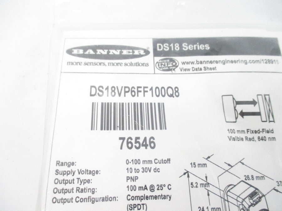 BANNER ENGINEERING DS18VP6FF100Q8 76546 10-30VDC NSMP