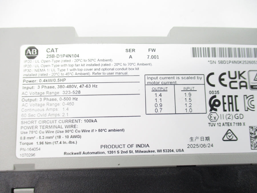 INDUSTRIAL SPARE PART 25B-D1P4N104 SER. A F/W 7.001 323-528VAC 1.9A NSNP